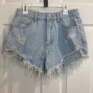 SHEIN distressed light wash jean shorts with frayed hem - blue - size small